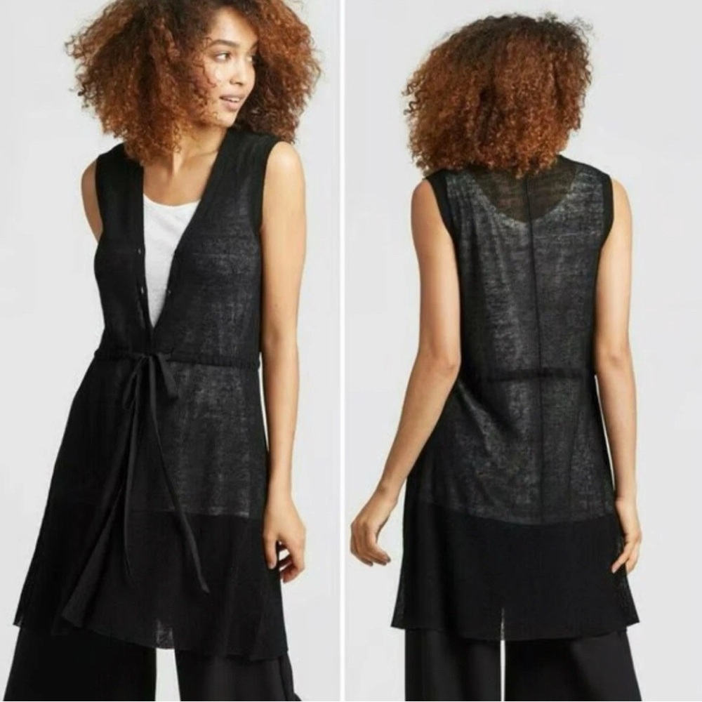Eileen Fisher Semi-Sheer Duster Cardigan Waist Tie Large Organic Linen Blend